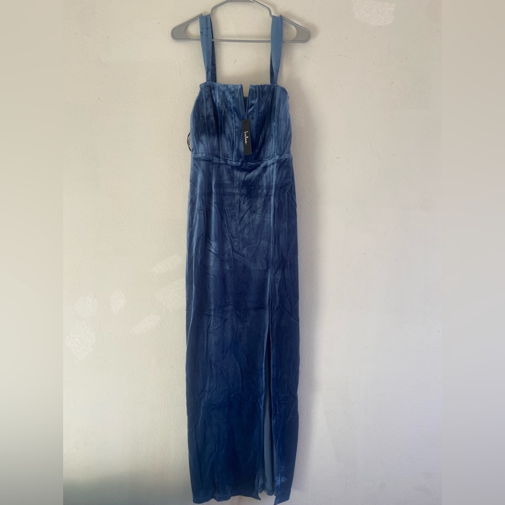 Lulu's NWT Pristine Luxury Blue Velvet Bustier Maxi Dress - Picture 9 of 13